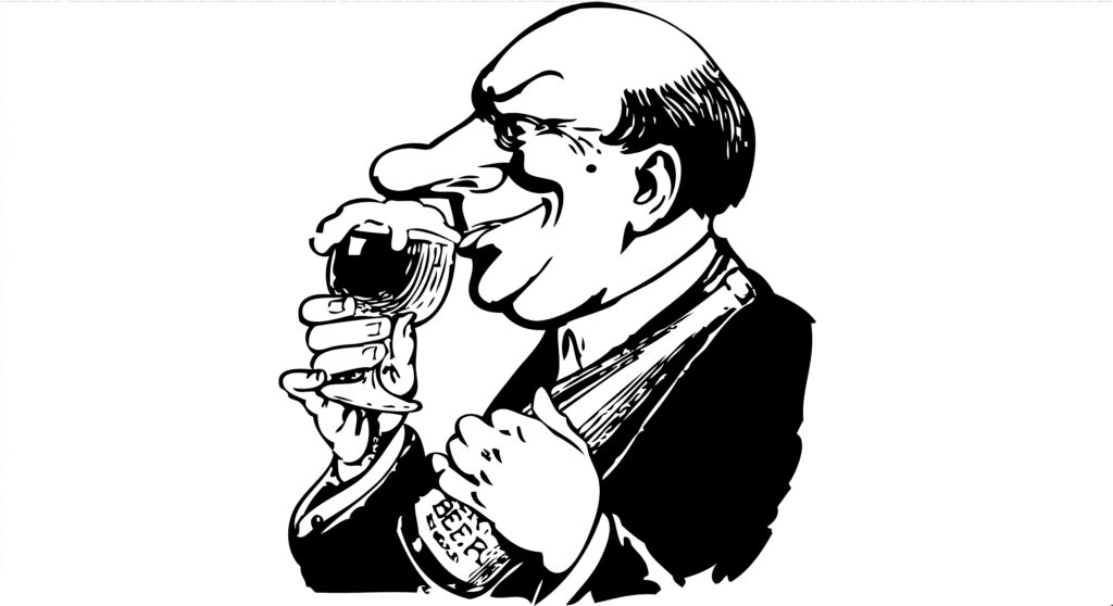 A balding man sipping on a glass of beer while hugging its bottle, showing the snob epidemic.