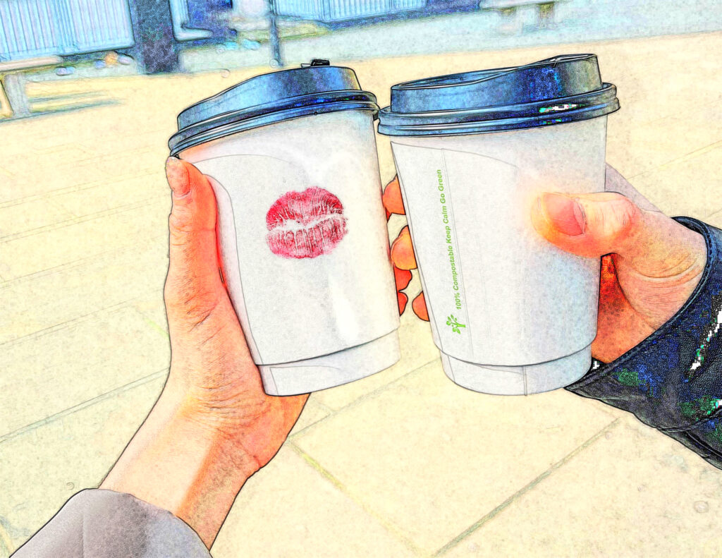 A hand drawn image of two people holding coffee cups, one of them with a kiss mark. It depicts the image of a flawless first date experience.